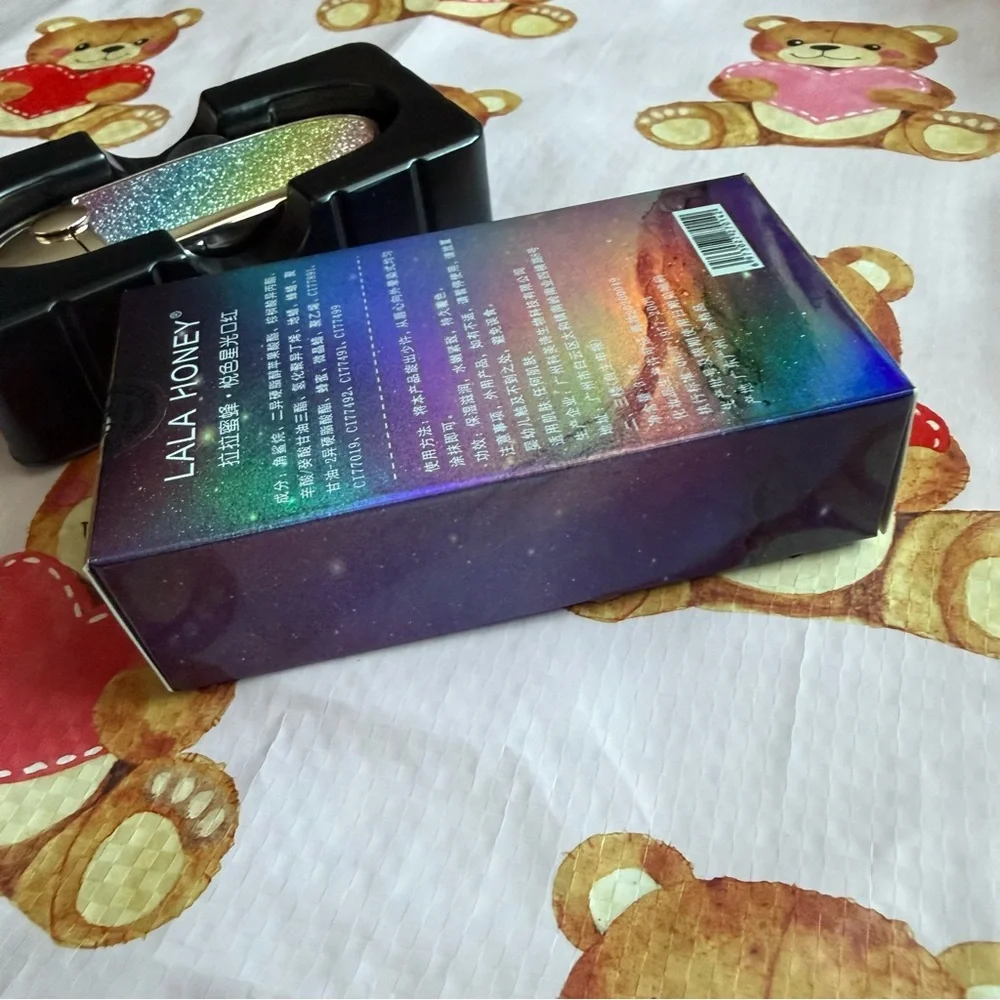 Glittery Brick Red Lipstick in Rainbow Glitter Packaging w Attached Mirror